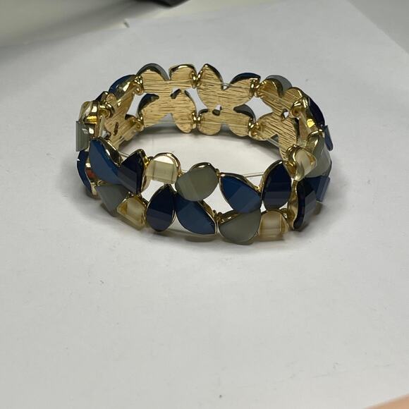 gold tone bracelet faux jewels in teals blue green costume jewelry - Picture 9 of 11